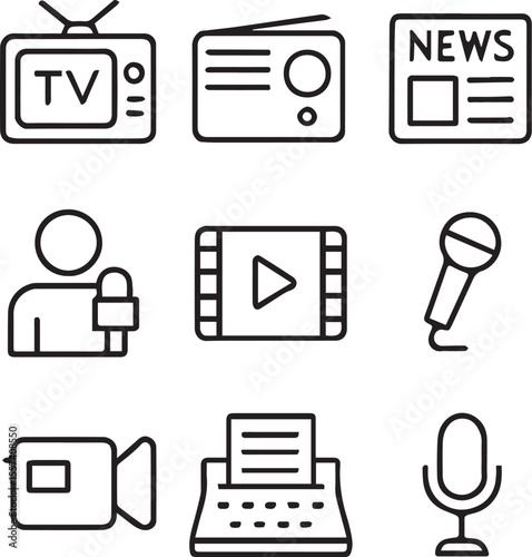 Mass media and journalism line icon set. TV show, program, news, report, video and interview and more. Outline vector icon in linear style. Series of pictograms