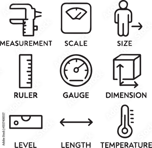 Measure line icon set. Measurement, scale, size, ruler, gauge, dimension, temperature and more. Outline vector icon in linear style. Series of pictograms