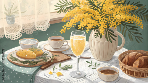 Mimosa brunch still life painting with bread and flowers in vase art illustration breakfast scene