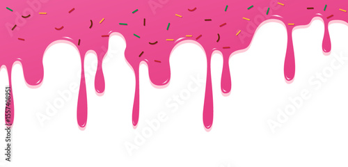 Fun and delicious cartoon-style background featuring pink dripping icing and colorful sprinkles. Perfect for dessert-themed designs, bakery branding, party invitations, and sweet food-related content.