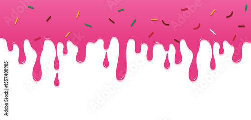 Fun and delicious cartoon-style background featuring pink dripping icing and colorful sprinkles. Perfect for dessert-themed designs, bakery branding, party invitations, and sweet food-related content.