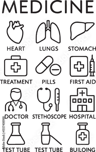 Medicine and healthcare line icon set. Human organs, treatment, pills, first aid, medical instruments and more. Outline icon in linear style. Vector collection