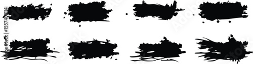 Black dried paint splattered in dirty style. Isolated black ink stencils for graphic design, text fields. Artistic texture of ink brush strokes, splatter stains, callout. Paintbrush, stroke vector set