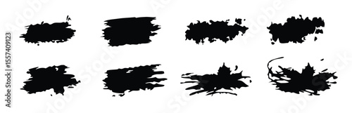 Black dried paint splattered in dirty style. Isolated black ink stencils for graphic design, text fields. Artistic texture of ink brush strokes, splatter stains, callout. Paintbrush, stroke vector set