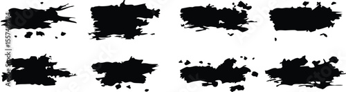 Black dried paint splattered in dirty style. Isolated black ink stencils for graphic design, text fields. Artistic texture of ink brush strokes, splatter stains, callout. Paintbrush, stroke vector set