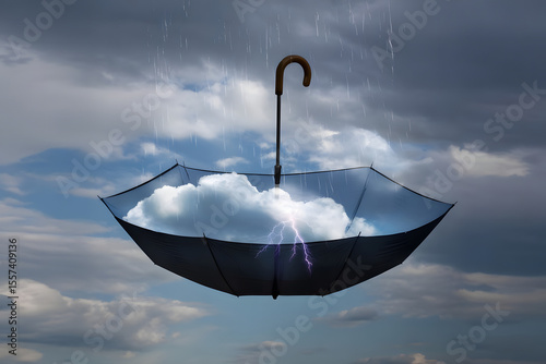 An open umbrella floating upside down, filled with clouds and lightning inside, while raindrops rise upward into the sky, surreal weather inversion concept
