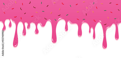 Fun and delicious cartoon-style background featuring pink dripping icing and colorful sprinkles. Perfect for dessert-themed designs, bakery branding, party invitations, and sweet food-related content.