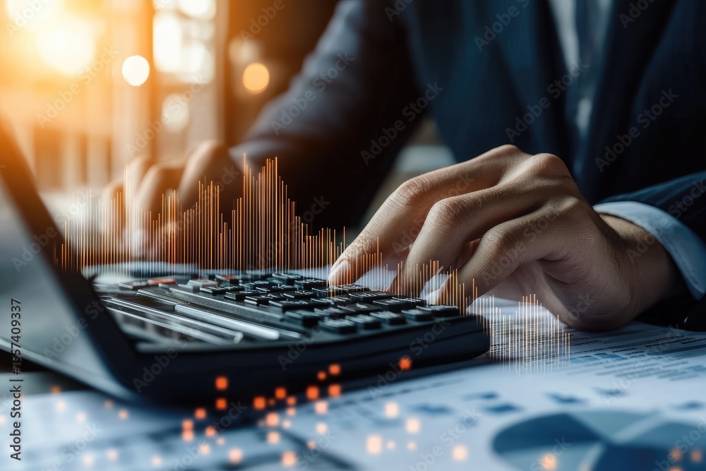 Fototapeta premium Close-up of businessperson using calculator, financial data overlay