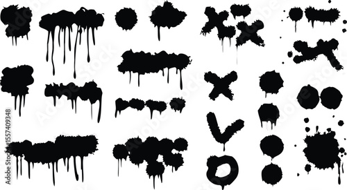 Spray graffiti texture with smudges and drops. Street aerosol clouds vector templates. Spray paint shapes, graffiti mockups, stencil. Street art with splashes and dripping paint. Vector aerosol set