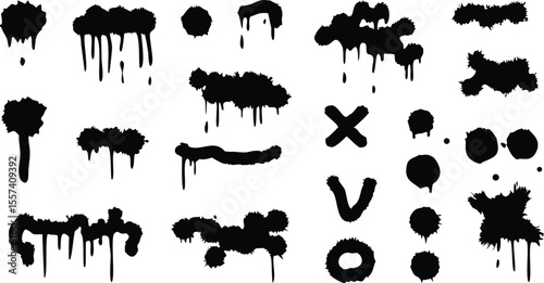 Spray graffiti texture with smudges and drops. Street aerosol clouds vector templates. Spray paint shapes, graffiti mockups, stencil. Street art with splashes and dripping paint. Vector aerosol set