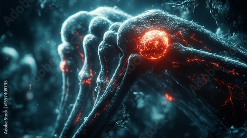 Intricate, glowing skeletal structures with fiery focal points