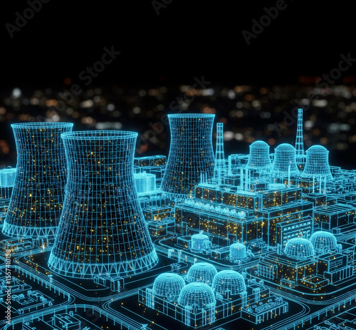 Digital Blueprint of a Modern Power Plant at Night, Futuristic Energy Production Grid, Smart Industry Infrastructure