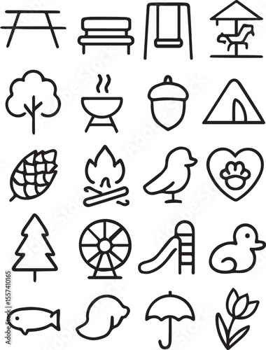 Park Vector Icon Set  Adjustable Line Weight  Picnic, bench, swing, carousel, tree, barbecue, acorn, tent, pinecone, fire, slide, nature, outdoor, play icons