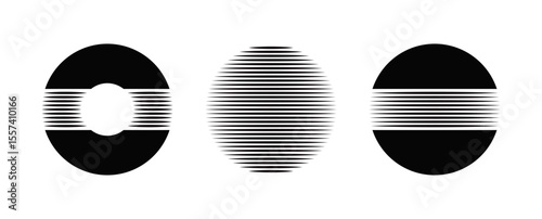 Geometric circle compositions with horizontal line distortion – bold abstract forms with horizontal line patterns.