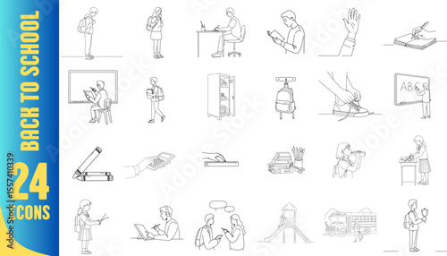 Set of 24 school-related icons depicting various educational activities  