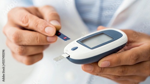 A medical professional or patient's hands are shown preparing a blood glucose meter for a test, emphasizing the process of checking blood sugar levels