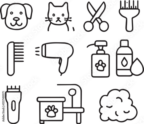 Pet Grooming Vector Icon Set  Adjustable Line Weight  Grooming, dog, cat, scissors, brush, comb, dryer, care, cleaning, hygiene, clippers, tools, fur, salon icons