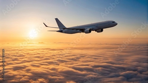 Majestic airliner ascending or descending through a breathtaking sky ablaze with the warm hues of dawn or dusk, creating a serene and powerful image of global connectivity