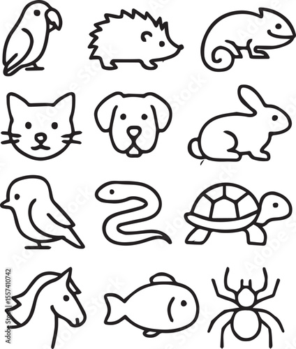 Pets Vector Icon Set  Adjustable Line Weight  Parrot, hedgehog, chameleon, guinea pig, cat, dog, rabbit, turtle, horse, snake, aquarium fish, pony, spider icons
