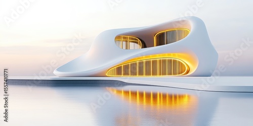 Modern, minimalist, white architectural structure with golden accents, situated on water