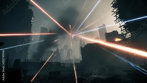 Apocalyptic Urban Warfare with Laser Fire and Smoke in Dark Scene Highlighting Futuristic Destruction and Combat Among Ruined Buildings and Digital Pixel Effects