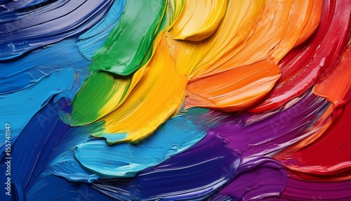 vibrant close up showcases thick textured strokes of paint in a rainbow of bright primary colors