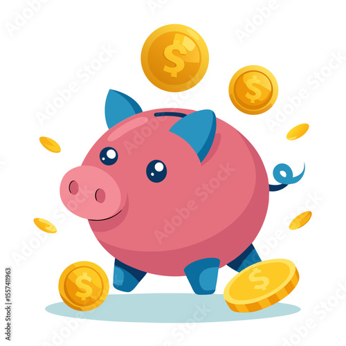 Coins falling into a pink piggy bank illustration representing savings investment and financial growth concept