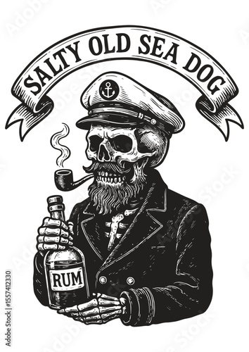 SALTY OLD SEA DOG. Captain Skeleton with a pipe and a bottle of Rum