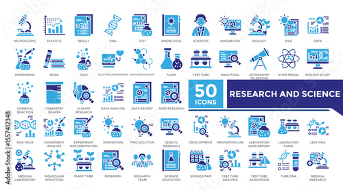Research and science icon solid two color set collection. This set includes microscopic, result, scientific, analyze, dna, lab, data research and more icons. Vector icons collection for infographics