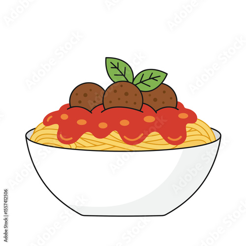 A bowl of spaghetti with meatballs and basil