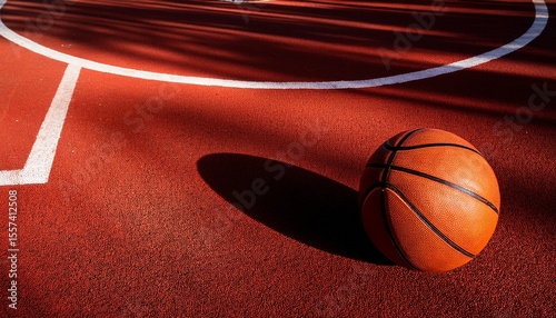 basketball on the court a solitary basketball rests on a vibrant red court its orange form and striking shadows conveying the essence of competition