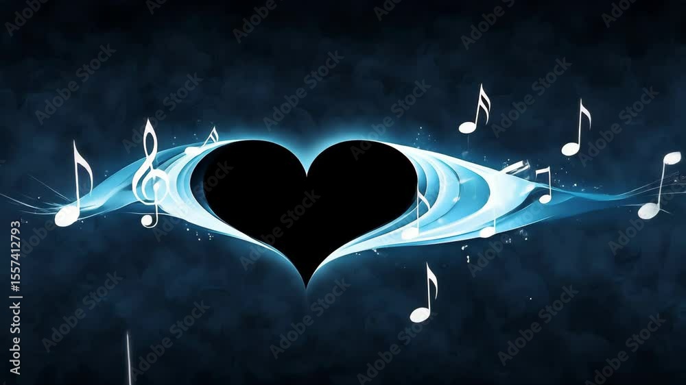Glowing black heart with blue aura and floating musical notes in surreal emotional atmosphere
