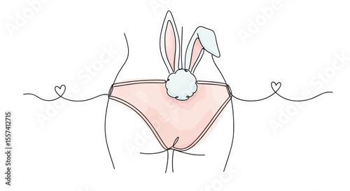  Bunny Ears Panties — Kinky Underwear with Fetish Appeal — One Line Doodle Drawing with Watercolor Style — Sexy Erotic Vector for 18+ Merch, Roleplay Sets and BDSM Catalogs