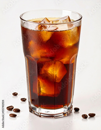 iced americano with coffee beans on white background
