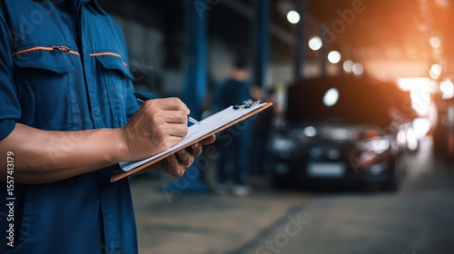 Mechanic Writing on Clipboard in Auto Repair Shop
