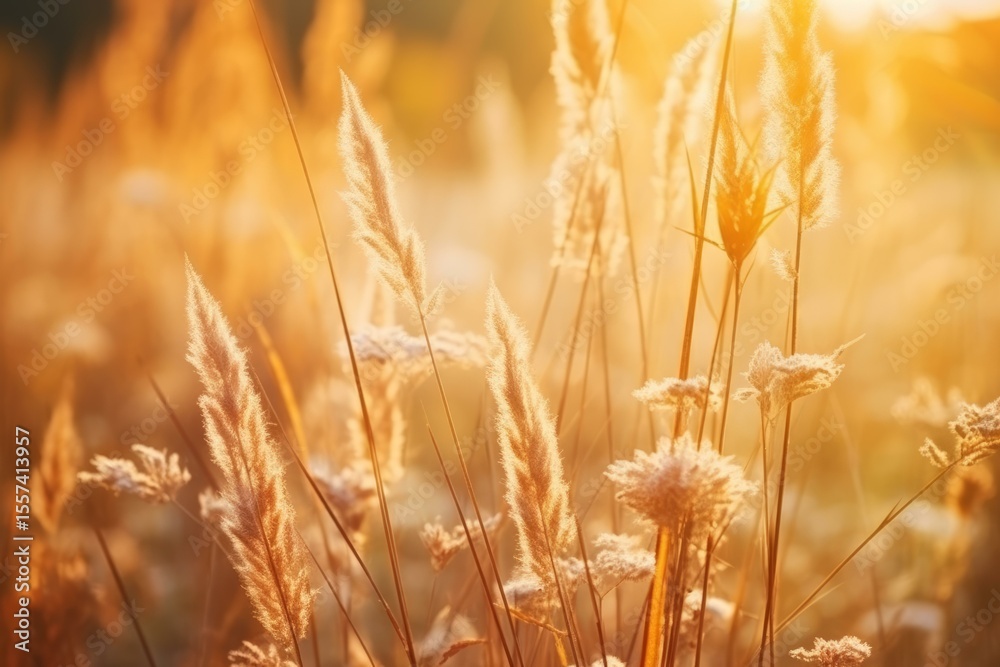 Fototapeta premium Ornamental grass plumes glowing in warm sunset light, creating a peaceful and serene autumn scene