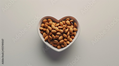 Almonds in a heart-shaped bowl on a clean white background