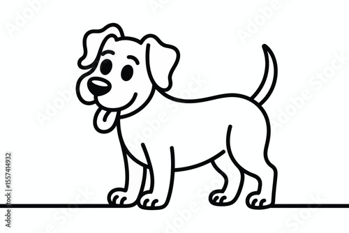 Black and white cartoon dog illustration with tongue out and tail up
