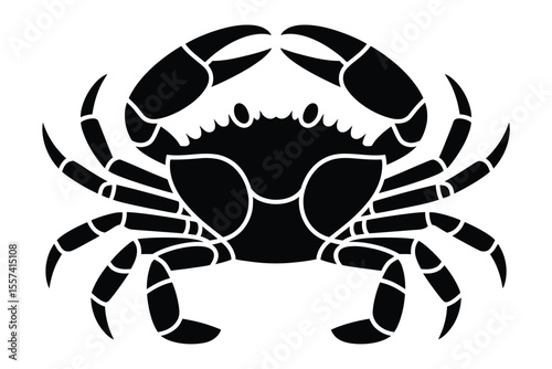 Black and white crab silhouette illustration with claws and legs on white background