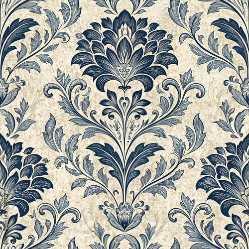 Elegant navy blue damask floral pattern on textured beige background