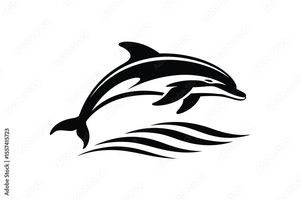 Naklejka premium Black and white dolphin leaping over stylized water waves on white background