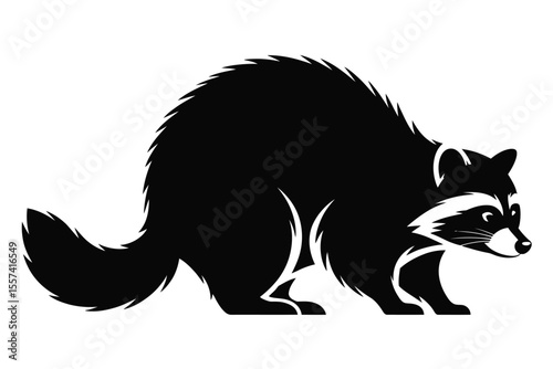 Black and white graphic illustration of a raccoon in profile