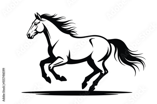 Black and white graphic illustration of a running horse silhouette