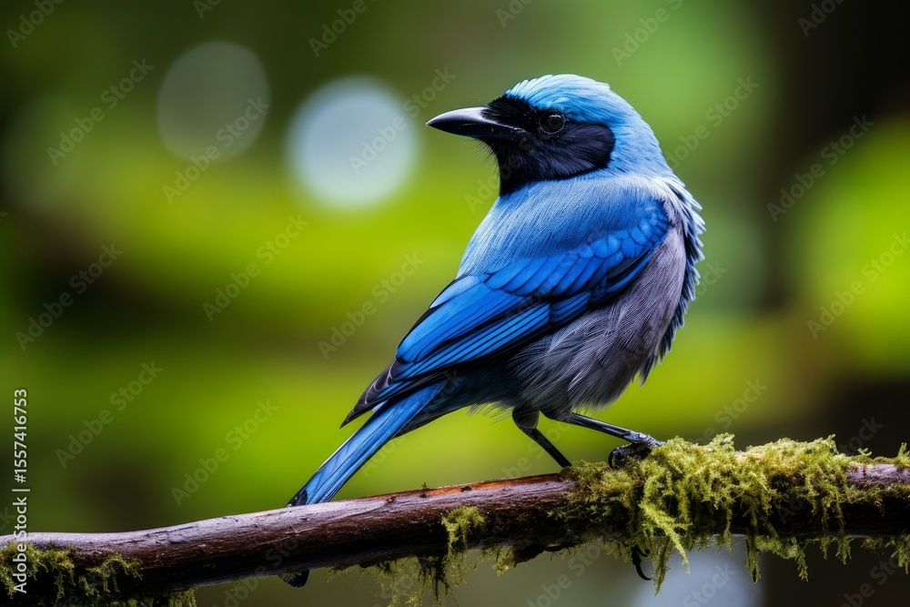 Fototapeta premium Close up of a vibrant turquoise jay perched on a mossy branch, showcasing its striking blue plumage against a blurred green backdrop