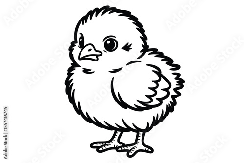 Black and white illustration of a chick standing on a white background