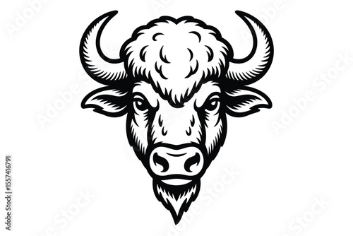 Black and white illustration of a bison head facing forward with horns and fur