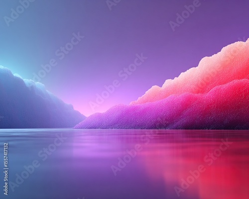 Vivid, surreal landscape with mirrored water and colorful mountains