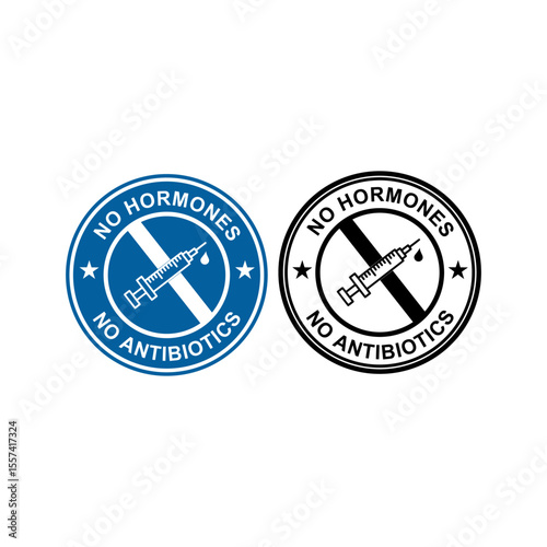 No Hormones No Antibiotics logo with a crossed syringe, for natural and pure food products.