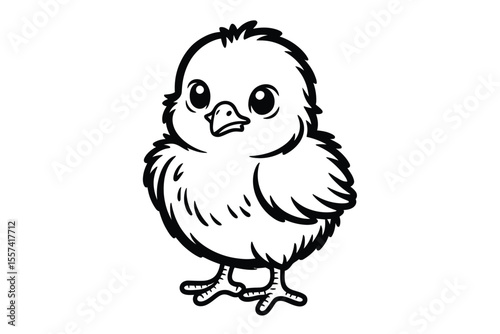 Black and white illustration of a standing chick with large eyes