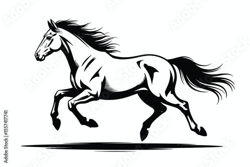 Black and white illustration of a running horse with flowing mane and tail